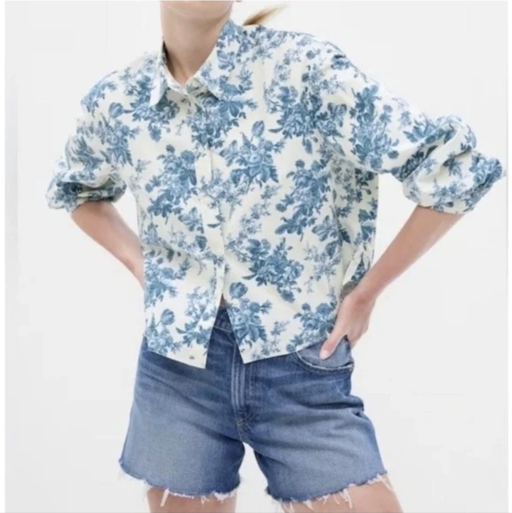 Gap × LoveShackFancy Floral Cotton Cropped Relaxed Button Up Shirt Size‎ Medium